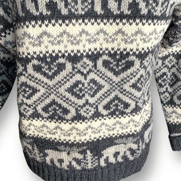 Vintage 90s Eddie Bauer Gray Black Moose Nordic Fair Isle Turtleneck Sweater - Picture 7 of 11